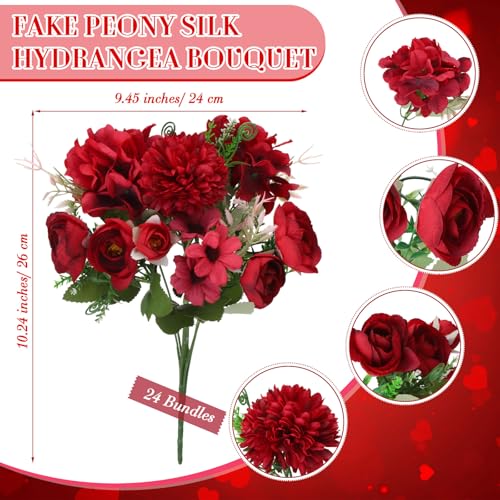 Tigeen Peonies Artificial Flowers Faux Roses Silk Flowers Hydrangea Artificial Bouquet for Wedding Table Centerpiece Floral Vase Home Office Bridal Decor(Wine Red,24 Bundles) - color: Wine Red