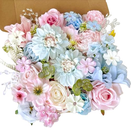Artificial Flowers Combo Box Set Baby Blue Pink Silk Roses with Stems Crystal DIY Pastel Rainbow Bridal Wedding Bouquets Cake Fake Floral Arrangements Baby Shower Party Table Centerpieces Home Decor - color: Baby Blue, Pastel Pink