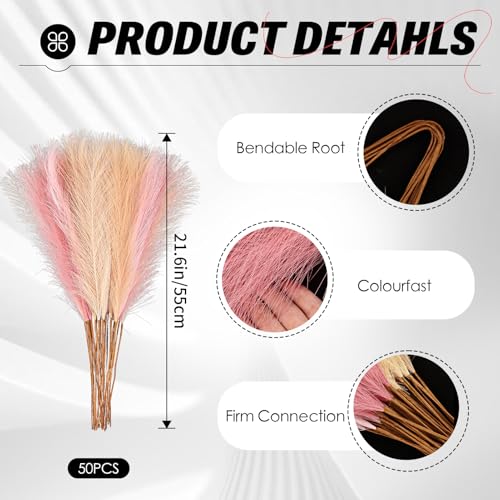 50pcs Pink Pampas Grass 21.6 Inch Non-Shedding Faux Pampas in Light Pink,Pink,Beige,Khaki & Beige Yellow for Boho Wedding, Vase Arrangements, Tall Floor Vase & Neutral Home Decor - color: Mixed Color1