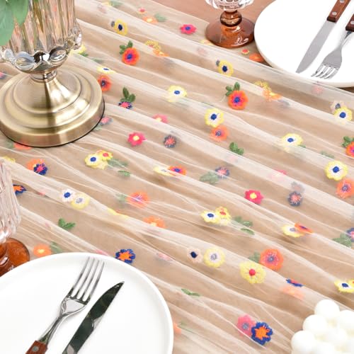 Joanlody 3pcs Champagne Summer Flower Table Runner 10ft Embroidery Daisy Floral Seasonal Tulle Table Runner for Home Garden Tea Party Holiday Birthday Decoration - color: Champagne, size: 10ft x 3pack