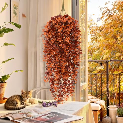 Waipfaru 4Pcs Fake Hanging Plants, Red-Brown Eucalyptus Leaves UV Resistant Fake Vines Ivy Artificial Plants Outdoor Faux Plants Indoor Bedroom Living Room Boho Wall Porch Shelf Decor - color: Red-brown Eucalyptus Vines, size: 4Pcs Plants