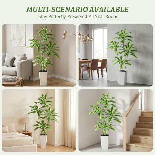 Artificial Yellow Dracaena Tree, 5FT Artificial Plants Indoor with White Tall Planter, Faux Yucca Silk Tree Fake Tropical Floor Plant in Pot, Fake Plants for Home Room Office Entryway Porch Decor - color: White-yellowleaf, size: 5FT