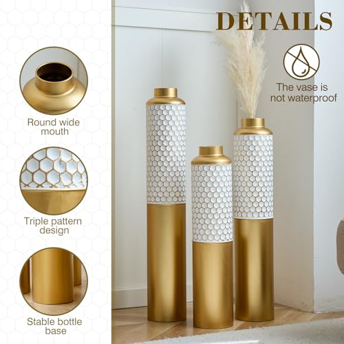 Floor Vases, Tall Home Decor Metal Vase Set of 3 Large Glazed Decorative Vases for Wedding Decor, Elegant Modern Flower Holder for Living Room, Entryway, Hallway - color: Honeycomb White Gold
