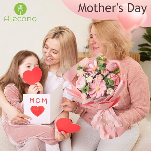 Alecono Crochet Flower Bouquet, Pink Handmade Knitted Flowers, Crochet Tulips Galsang Flower for Mother's Day Anniversary Birthday Graduation Lover Valentines Day Gifts (with Card) - color: Pink, size: Large