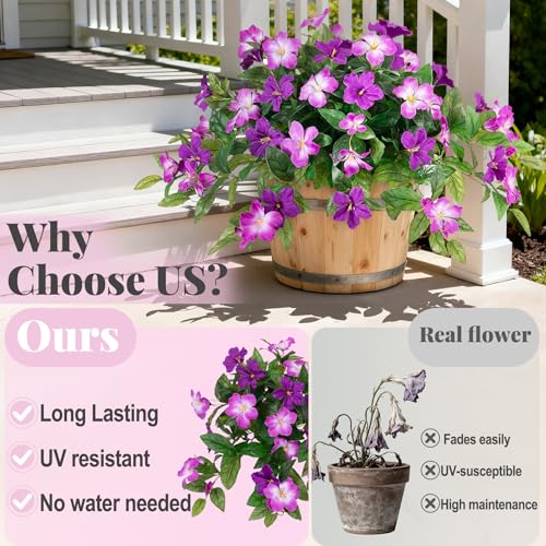 INXUGAO Artificial Hanging Faux Flowers for Outdoors Planters 2PCS Fake Flowers Silk Hibiscus Flowers for Outside Outdoor Faux Hanging Plants UV Resistant Spring Home Front Porch Decoration - color: Mt Azalea H-mix Purple 1 & 3