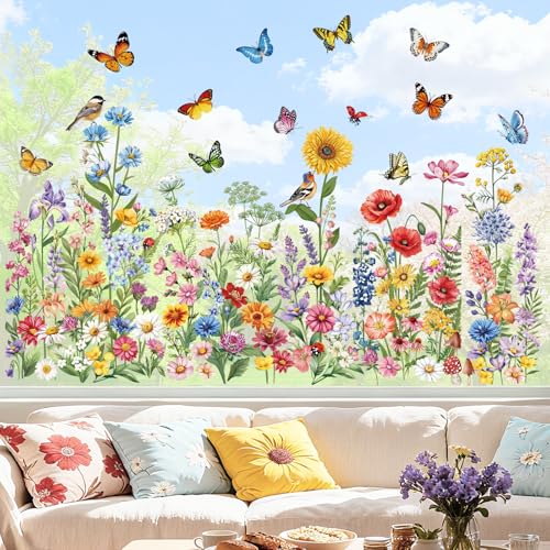 decalmile Spring Summer Garden Flower Double Sided Window Clings Wildflower Butterfly Plants Anti-Collision Glass Doors Window Stickers Decals - color: Garden Flower