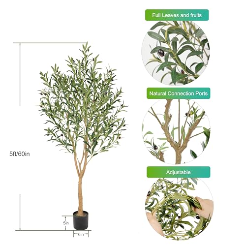Nafresh Tall Faux Olive Tree, 5ft(60in) Realistic Potted Silk Artificial Indoor with Green Leaves and Big Fruits for Home Office Living Room Bedroom Stairs Foyer Decor - size: 5ft