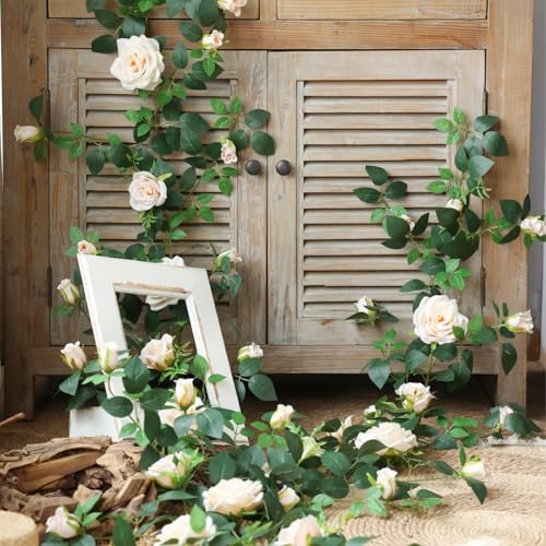 5.9FT Bendable Rose Flower Garlands, Artificial Silk Wild Roses Vine Hanging Flowers for Wall Fireplace Fence Table centerpieces Trellis Wedding Indoor Outdoor Spring Decor (Champagne, 2) - color: Champagne, size: 2