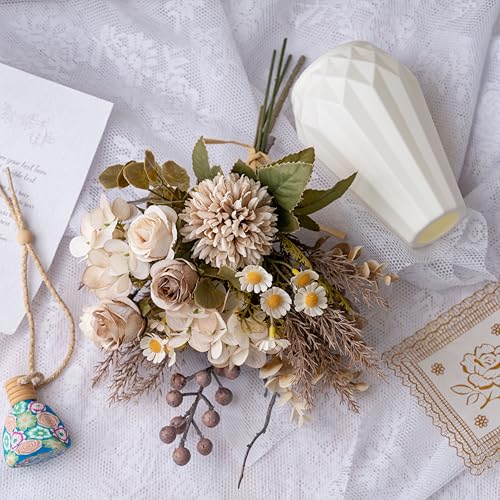 Small Fake Silk Flowers Bouquet with Vase, Faux Centerpieces with Roses, Dandelions, Hydrangea, Daisies, Eucalyptus, Hollyberries - Artificial Floral Arrangements for Home Kitchen Decor - color: Brown With Vase