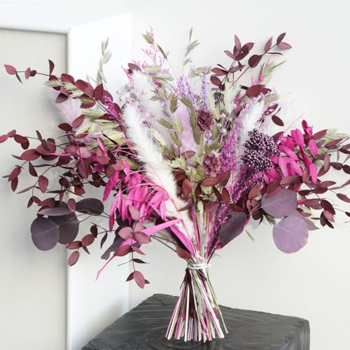 Magenta & Plum Purple Dried Flower Bouquet, Boho Burgundy Preserved Floral Arrangement with Pampas Grass & Eucalyptus, Long-Lasting Berry Tone Dried Flowers for Home Decor, Wedding & Fall Décor - color: Magenta & Plum Dried Flower Bouquet