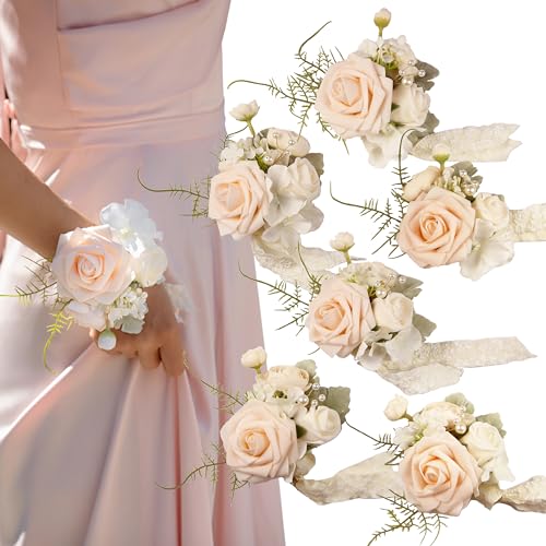 Blush Corsage for Wedding(Set of 6),Wrist Corsage for Woman,for Prom,Party Prom Hand Flower Decor,Mother of The Bride Corsage - color: Blush