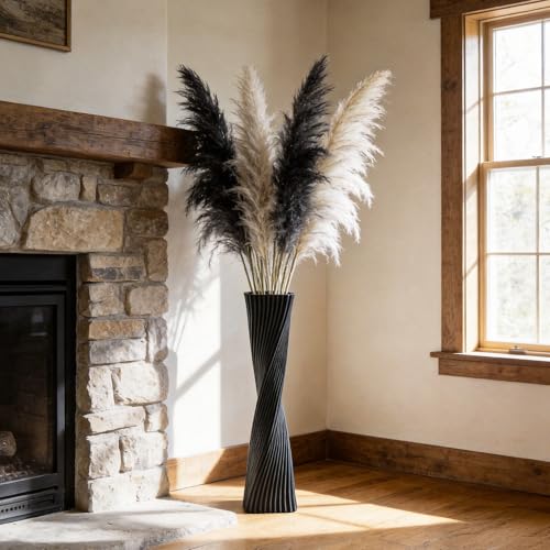 23.6" (60cm) Tall Black Floor Vase for Pampas Grass, Floor Vases for Modern Geometry Decor - Minimalist Skinny Unique Shape Flower Vase for Farmhouse Entryway, Fireplace,Shelf - color: Black