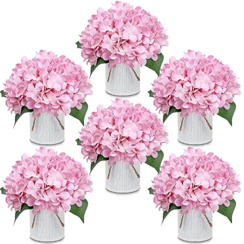 Flower Table Centerpieces - Set of 6 Floral Arrangement Artificial Wedding Hydrangeas Floral Arrangement with Rustic Metal Vase for Bridal Tea Party Event Decorations - Blush Pink - color: Blush Pink