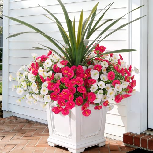 Artificial Flowers for Outdoors Fake Plants Outside, 12 Bundles Silk Morning Glory with Eucalyptus + Orchid Leaf UV Resistant Realistic Faux Flowers for Porch Planter Garden Patio (White Hot Pink) - color: White+hot Pink