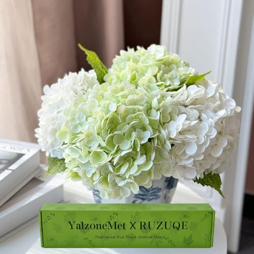 YalzoneMet Artificial Hydrangea Flowers 4 Pcs 2 White 2 Light Green 21 inch Long Rod Real Touch Lifelike Fake Latex Hydrangea Flowers for Home Party Outdoor Wedding Gifts Christmas Table Decoration - color: White Light Green
