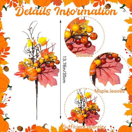 Hotop Fall Decor 12 Pcs Floral Picks Artificial Autumn Pumpkin Orange Berry Flower Maple Leaves Stems Vase Decorations for Home Harvest Holiday Thanksgiving Table Indoor Decor(Pumpkin Style)