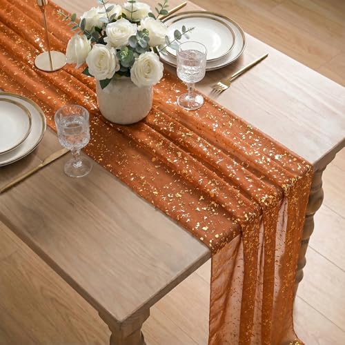 Artoid Mode Caramel Gold Gauze Table Runner 120 Inch 10FT, Glitter Metallic Foil Sheer Dining Wedding Anniversary Birthday Table Decor for Home Party - color: Caramel, size: 28" x 120"