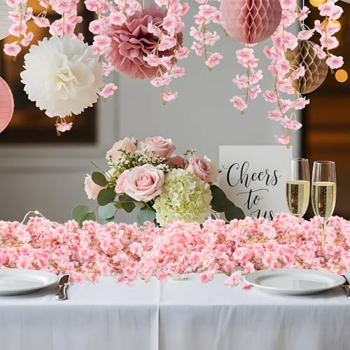 Augshy Cherry Blossom Garland, 6 Pack Artificial Cherry Flower Vines Pink Silk Sakura Vine Hanging for Wedding Party Arch Office Table Spring Summer Valentine Floral Home Decor