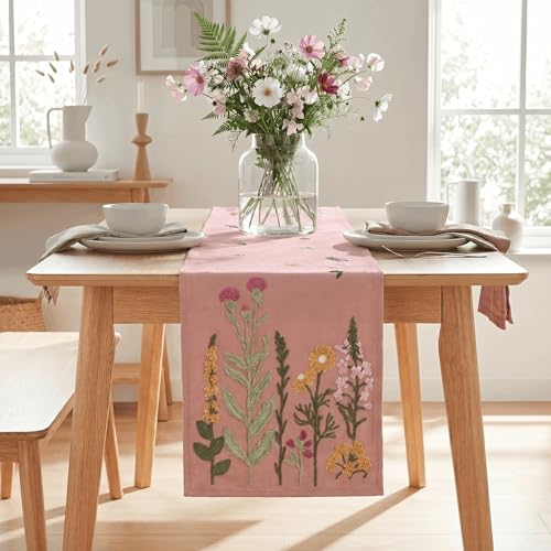 Artoid Mode Pink Soft Chain Embroidery Wild Floral Spring Table Runner, Seasonal Summer Kitchen Dining Table Decoration for Home Party Decor 13x72 Inch - color: Pink, size: 13" x 72", Table Runner