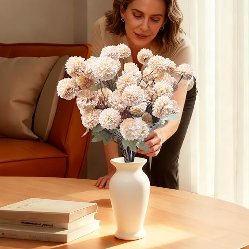 12pcs Artificial Flowers Faux Silk Pompon Mum, Fake Kiku Flowers with 21" Long Stems & 5 Heads Each Stem, Mini Small Chrysanthemum with Stems for DIY Wedding Bouquets Centerpieces Home Decor - color: Beige, size: 12 PCS