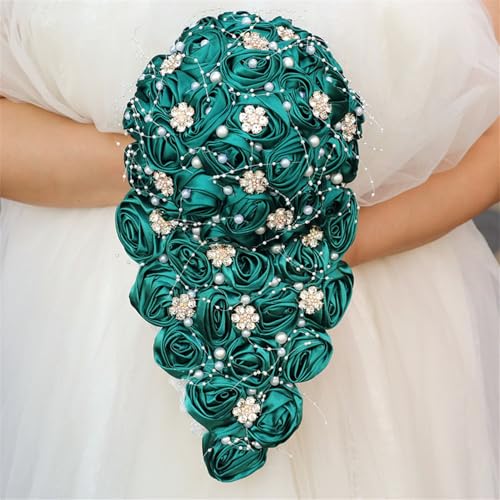 Handmade Satin Rose Water Drop Bridal Bouquet,8.7inch Crystal Wedding Round Tossing Bouquet,Jewelry Proposal Bridesmaid Bouquet Groom Corsage Bride Wrist Flower Ivory (DarkGreen) - color: Darkgreen