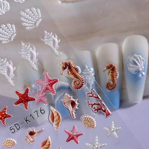 Summer Ocean Nail Decals 5D Embossed Nail Art Sticker 2PCS Beach Sea Shell Starfish Turtle Ocean Sliders Holiday Nail Stickers DIY Charms Decorations Self Adhesive Manicure Supplies - style: Style4-Summer Ocean