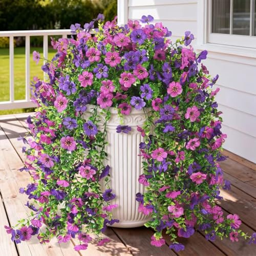 Artificial Hanging Flowers for Outdoors, 2 Pcs Fake Hanging Plants Spring Summer Decor, UV Resistant No Fade Faux Silk Daisy Flower for Planters Front Door Porch Patio Yard Garden(Double Purple) - color: Double Purple
