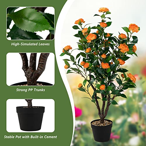 DREAMADE Faux Camellia Tree 40’’, Artificial Plant in Cement-Filled Pot w/ 37 Flowers, 3 Trunks, Fake Tree for Indoor Outdoor Home Office Living Room Porch Decoration - color: Orange