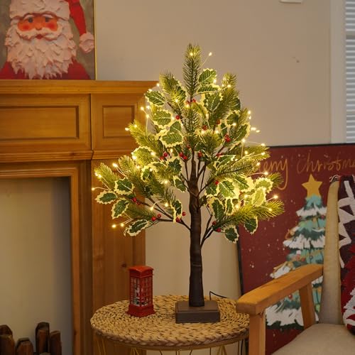 PXBNIUYA 2 FT Christmas Tree with 72 LED Lights, Christmas Decorations Indoor, Fairy Light Spirit Tree for Home Decor, Lighted Birch Trees with Pine Needles, USB and 3AA Battery and Timer（Warm White） - color: Christmas Leaves