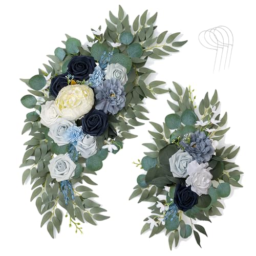AitnWoy Artificial Wedding Arch Flowers Kit 2 PCS Dust Rose Flowers Silk Peony Floral Swag Welcome Sign for Wedding Ceremony Party Home Garland Decor - color: Blue, size: 28" + 11"