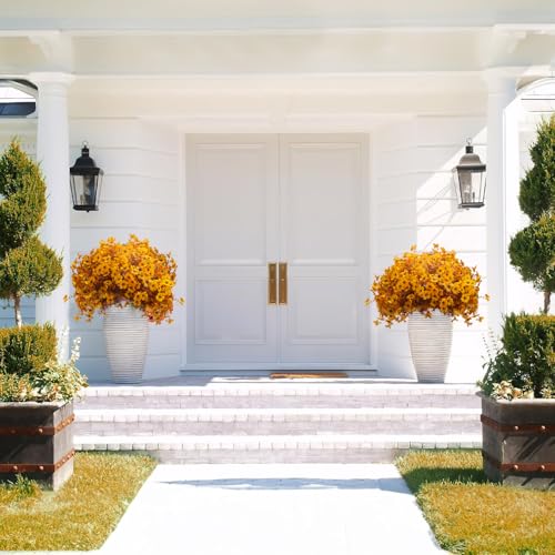 Grunyia 16 Bundles Artificial Fall Mums Outdoor UV Resistant, Fake Silk Plants No Fade Faux Greenery for Garden Porch Patio - Autumn Thanksgiving Christmas Home Decor (Fall Yellow) - color: Fall Yellow