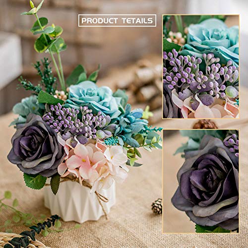 TKAS Artificial Flowers Fake Flowers Silk Rose Bouquets Decoration with Ceramics Vase for Table Home Office Wedding (Mix Color-2) - color: Mix Color-2