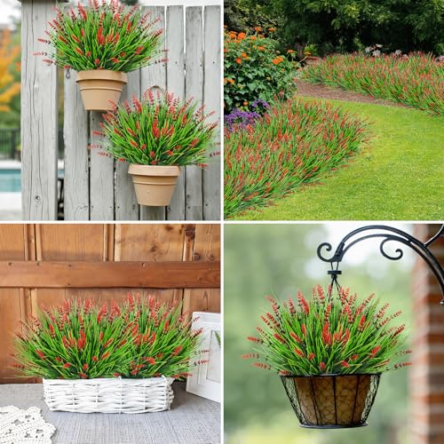 Bassion Artificial Flowers for Outdoors, 24 Bundles Fake Lavender Flowers UV Resistant Red Plastic Plants Faux Monkey Grass for Home Porch Garden Window Box Indoor Outdoor Decorations - color: Red, size: 24 Bundles