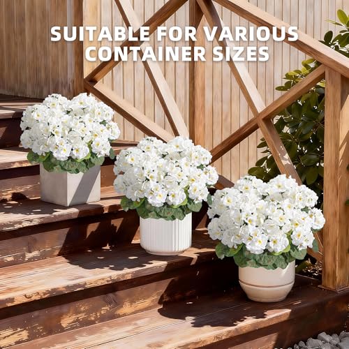 Geraniums Artificial Flowers for Outdoors, 2 Pack Potted Plants White Faux Geraniums Bush Artificial Topiaries Realistic UV Resistant Fake Flowers Plants for Planters Outside Gardens Front Door Indoor - color: White