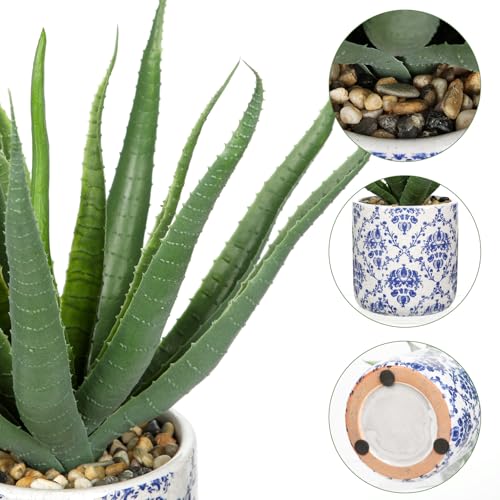 Briful Agave Plants Artificial Succulents Fake Plant in Blue Vase, 9'' Tall Realistic Faux Aloe Vera for Home Decor Indoor Centerpiece Table Kitchen - color: Aloe Blue Ceramic Vase