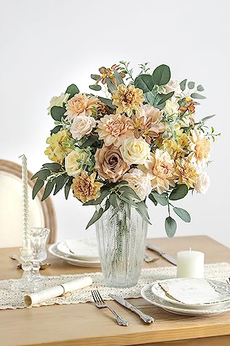 Nude Color Artificial Flowers Set - Fake Roses, Peonies, Dahlia, Silk Flowers with Stems for DIY Wedding Bouquets,Floral Arrangement,Table Centerpieces,Baby Shower, Home Decor - color: Champagne