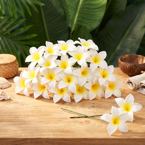 Tigeen 30 Pcs Hawaiian Plumeria Frangipani Artificial Flowers Fake Tropical Flowers with Stems for DIY Birthday Gifts Wedding Home Hawaiian Party Decor Table Centerpiece (Yellow) - color: Yellow