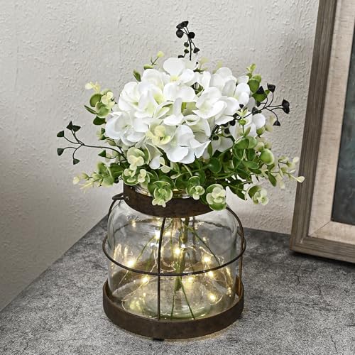 Farmhouse Glass Lantern Vase Vintage Flower Vases with Plants Hydrangea Lights Rustic Floral Arrangement Centerpieces Home Decor Hostess Housewarming Gift - color: Vase+greenery+light+hydrangea