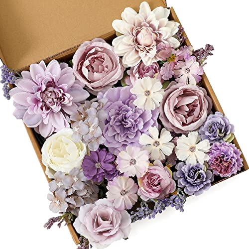 Kisflower Purple Artificial Flowers Combo Cake Flowers Decorations Fake Peony Silk Roses Gift Box for DIY Wedding Bridal Bouquet Centerpieces Arrangements Party Baby Shower Holiday Decor (Purple) - color: Purple