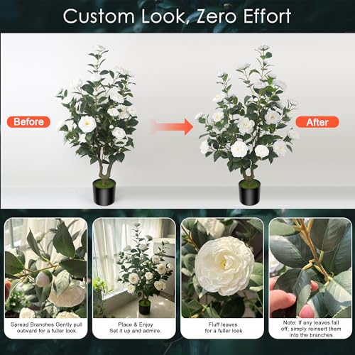 2Pack 39.37"/3.28FT Artificial Camellia Trees with 32 White Flowers in Cement Pots – Lifelike Fake Trees for Front Porch, Home, Indoor Outdoor Spring Decor, Office or Housewarming Gifts - color: White, size: 3ft 3inx2