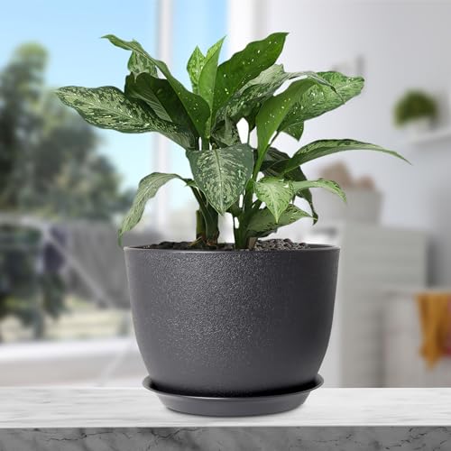 Meowell 12 inch Large Plant Pots, Plastic Planters with Drainage Holes and Saucers, Flower Pots for Indoor Outdoor Plants, Modern Decorative Pots for Garden House Plants, Black - color: Black, size: 12inch C