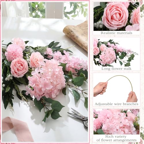 Suncalla 36 Pcs Pink Artificial Flowers Bouquet Set 8 Kind Faux Delphinium Rose Peony Chrysanthemum Hydrangea Baby's Breath Florals with Greenery Long Stem for Wedding Table Vase Decor - color: Pink