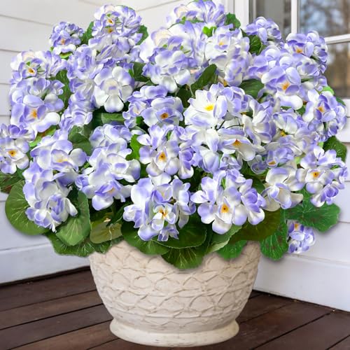 TURNMEON Artificial Geraniums Flowers for Outdoors Summer Decoration, 4 Bundles Fake Flowers Silk Purple Flowers UV Resistant No Fade Faux Plants for Planter Gardens Table Porch Indoor Cemetery Decor - color: Purple