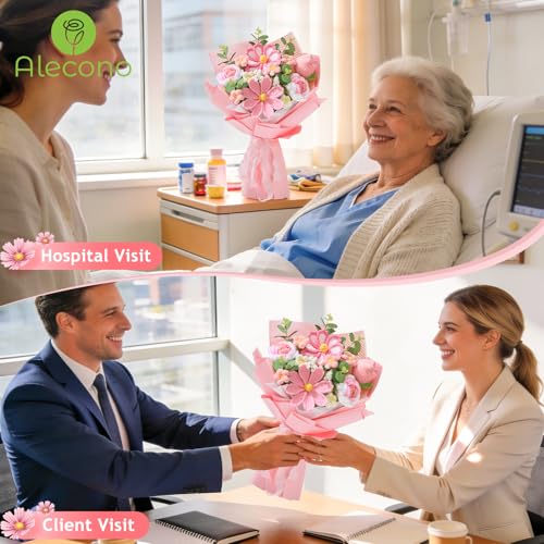 Alecono Crochet Flower Bouquet, Pink Handmade Knitted Flowers, Crochet Tulips Galsang Flower for Mother's Day Anniversary Birthday Graduation Lover Valentines Day Gifts (with Card) - color: Pink, size: Large