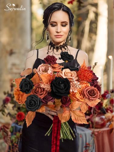 Serwalin Fall Flowers Vintage Orange & Black Artificial Flowers Halloween Black Wedding Flowers Combo for Wedding Bouquets Centerpieces Flower Arrangements Decorations - color: A Vintage Orange Black, size: 1 Box