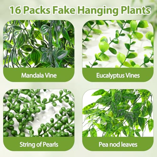 Daifunli 16 Pcs Artificial Hanging Plants Fake Hanging Ferns Plastic Fake Plants for Wall Room Garden Garland Indoor Outdoor Decor No Basket (Eucalyptus,Mandala,String of Pearls,Pea) - style: Eucalyptus, Mandala, String of Pearls, Pea
