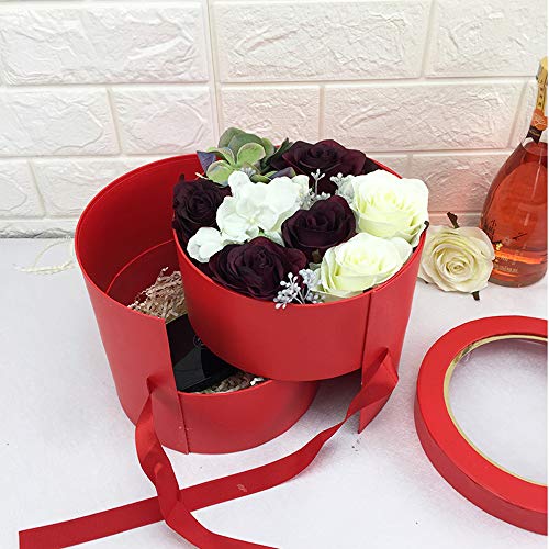 BBJ WRAPS Flower Box with Lid for Arrangements, Double Layers Rotating Drawer Luxury Round Flower Bouquet Gift Boxes Packaging, 1 Set, 7.5"(D) x 6.5"(H) (Red) - color: Red Round