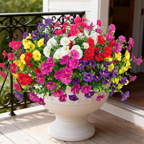 Bassion Artificial Flowers for Outdoors, 20 Bundles Silk Fake Flowers UV Resistant Realistic Morning Glory Faux Eucalyptus Plants for Outside Planters Porch Window Box Garden Indoor Decor - color: Multi Color(red,white,yellow,purple,rose Red,fuchsia)