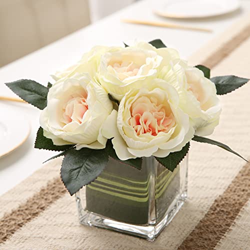 Artificial Peony Silk Flower Centerpieces Faux Floral Arrangement in Glass Vase for Home Wedding Table Decoration (Champagne) - color: Champagne