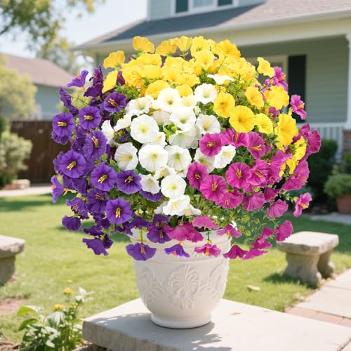 12Pcs Faux Silk Morning Glory with Eucalyptus, UV Resistant Realistic Artificial Flowers Outdoor Indoor Decor, Fake Plants for Porch Patio Garden Balcony Cemetery Home (Yellow,White,Purple,Rose Red)